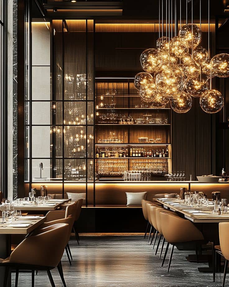 Sophisticated dark restaurant interior with amber globe pendants
