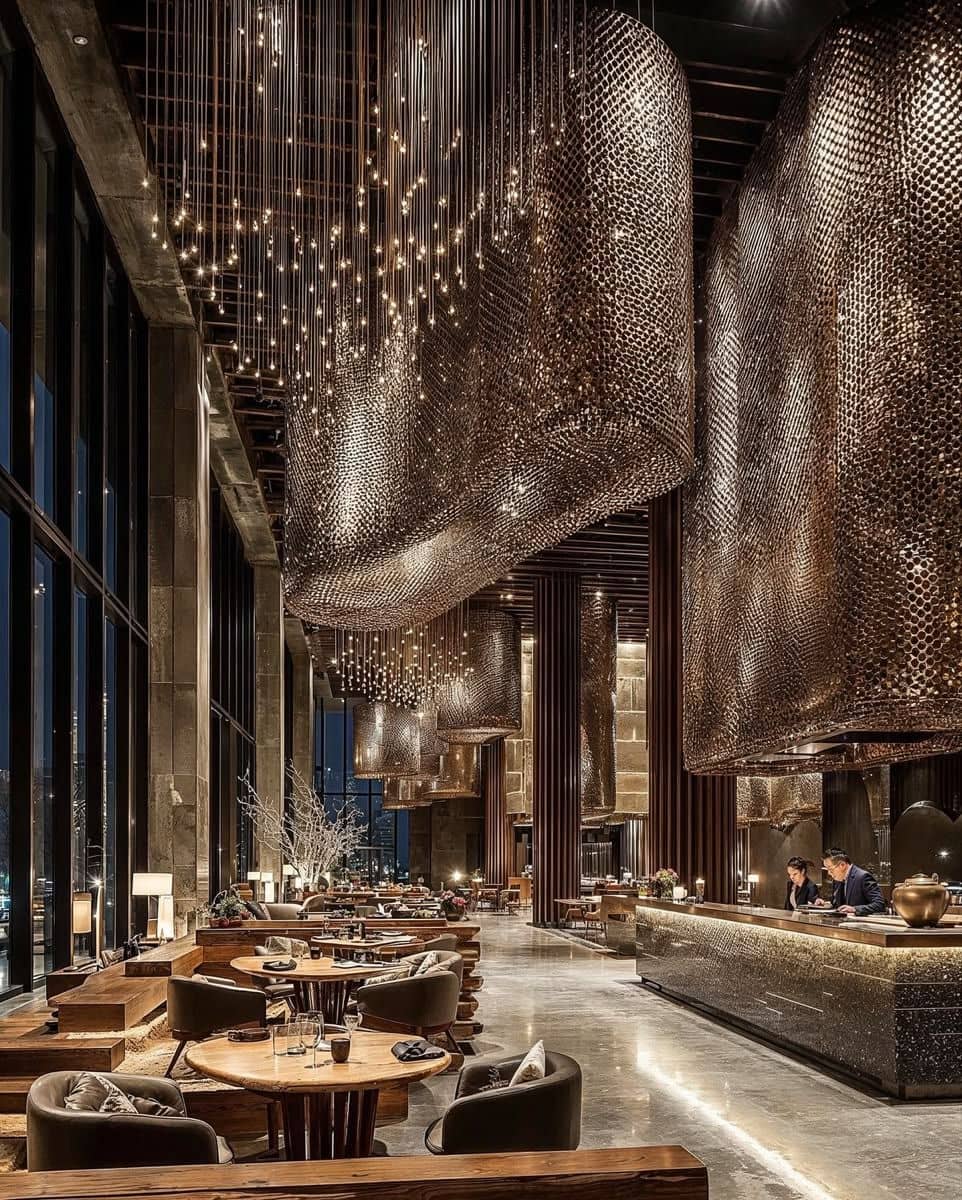 Grand luxury restaurant interior with bronze chainmail pendant sculptures