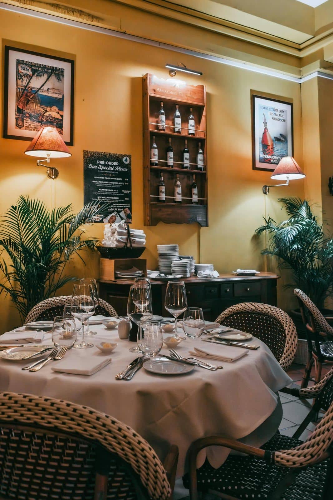 Warm-toned European bistro dining room