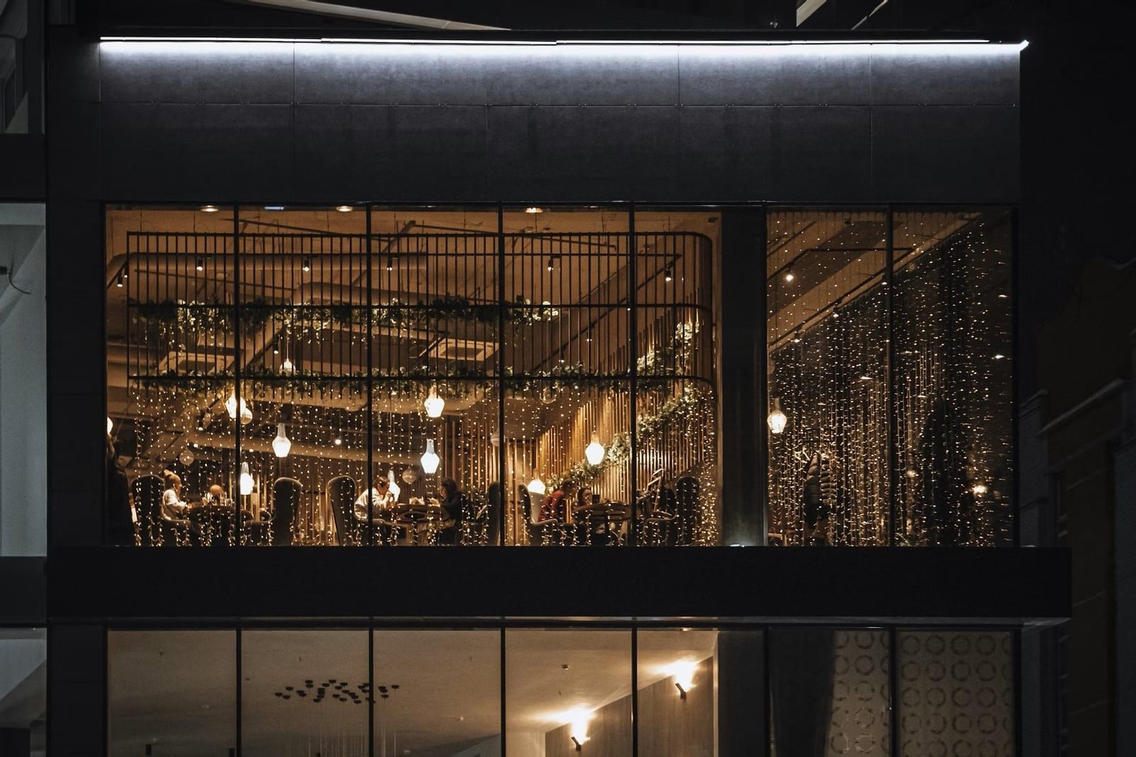 Luxury restaurant exterior at night